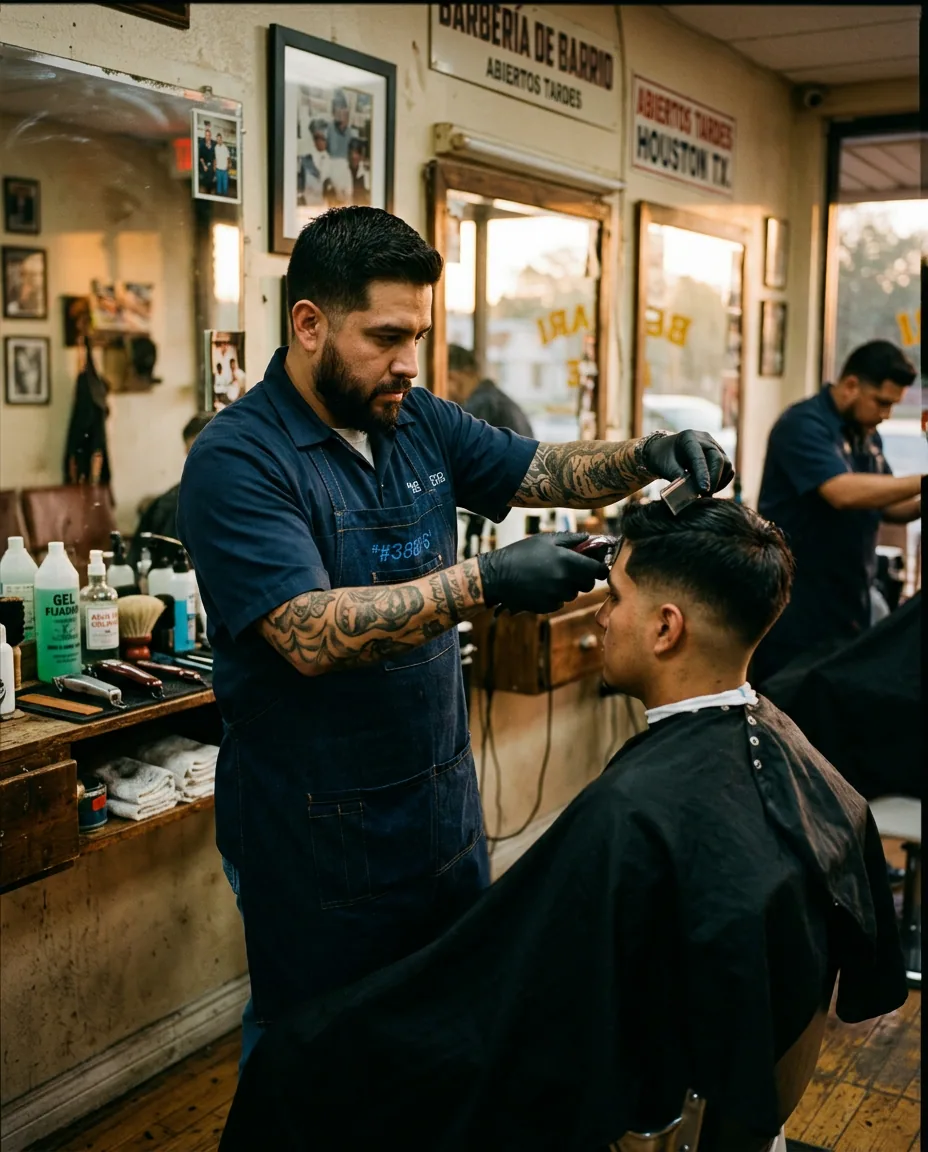 Barbero latino terminando un corte a un cliente en una barbería de Houston