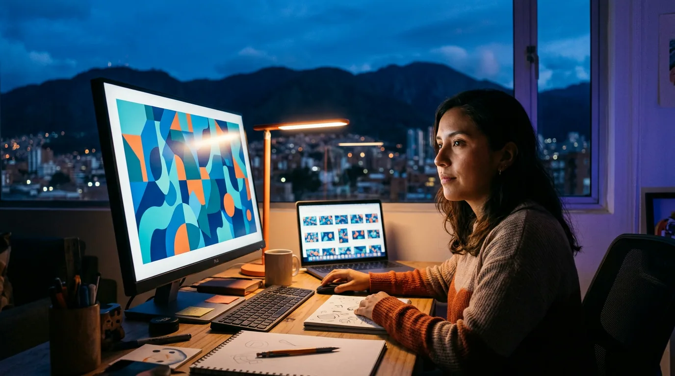 Diseñadora gráfica latina trabajando de noche en su estudio de Bogotá con la ciudad iluminada al fondo