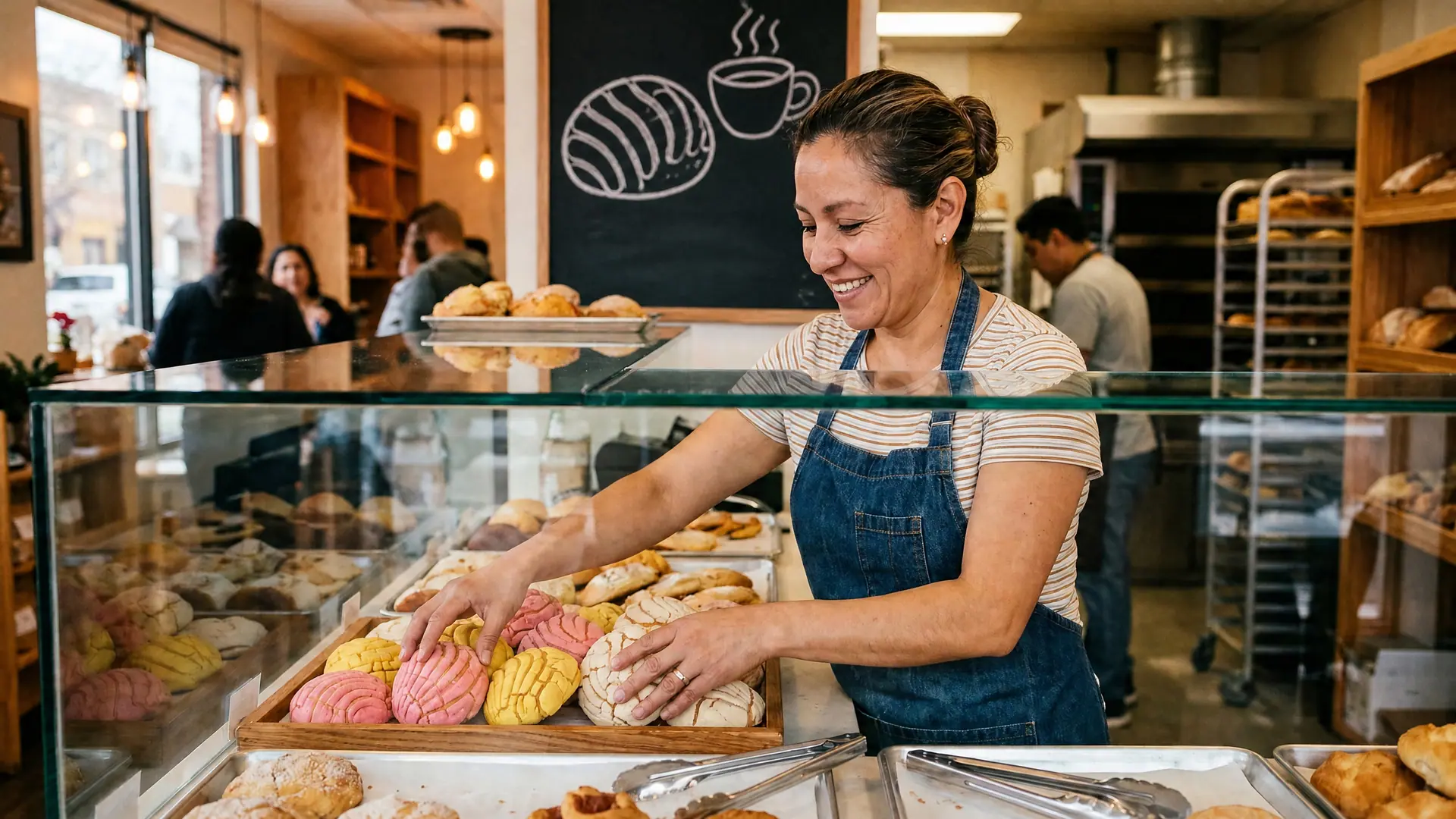 Dueña de una panadería latina en Estados Unidos acomodando pan dulce en la vitrina