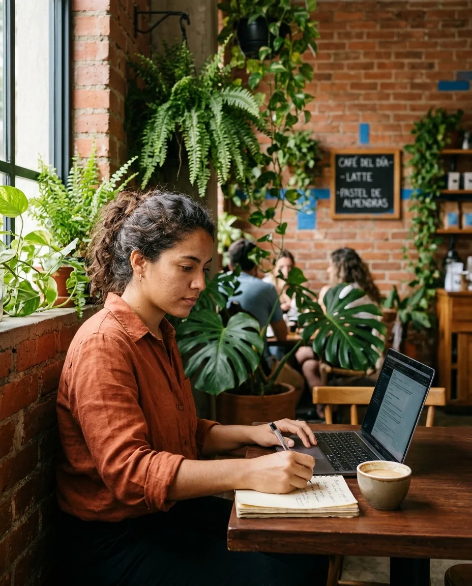 Emprendedora de marketing digital trabajando con su portátil en un café de Medellín